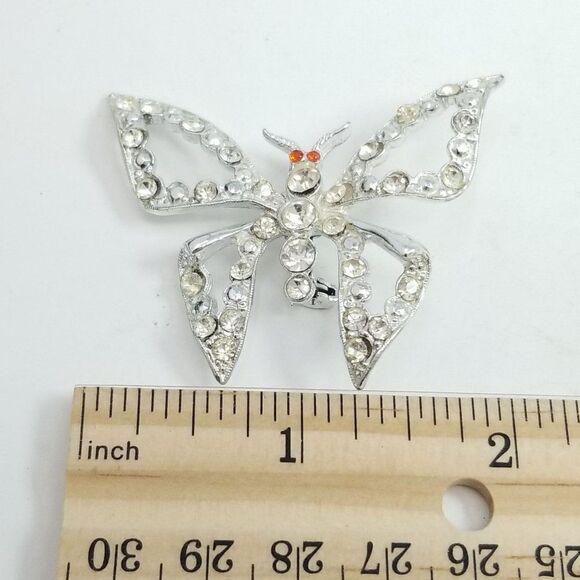Vintage Rhinestone Butterfly Brooch, Silver Tone Red Eyes Estate, Missing Stones - Picture 4 of 5